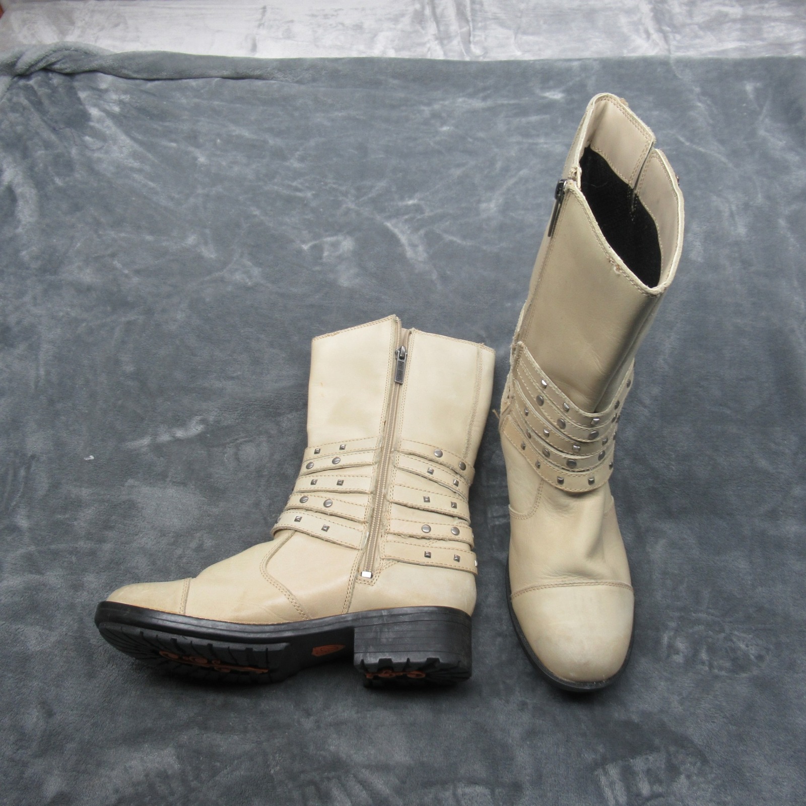 Harley Davidson Boots Women 7.5m Cream Kennedy Studded Moto Riding Zip Buckle